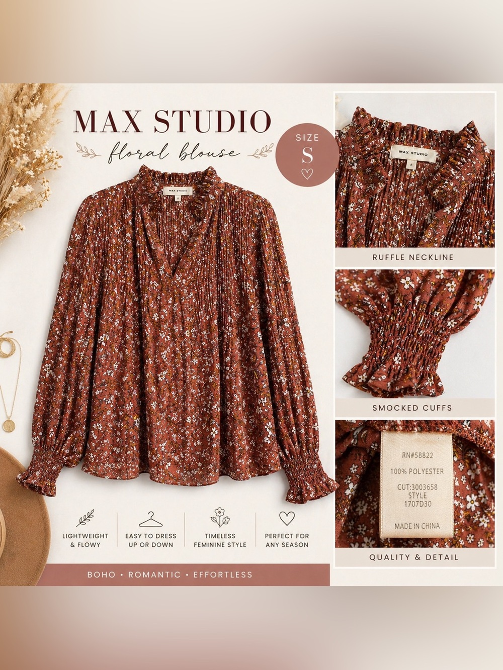 Max Studio Floral Pleated Blouse Smocked Cuff Boho Top Oversized Fit L XL